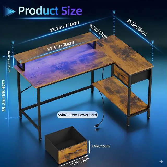 Alt view image 5 of 6 - L Shaped Gaming Desk with Power Outlets and LED Lights, 43 Inch Computer Desk with Charging Port (Rustic Brown)