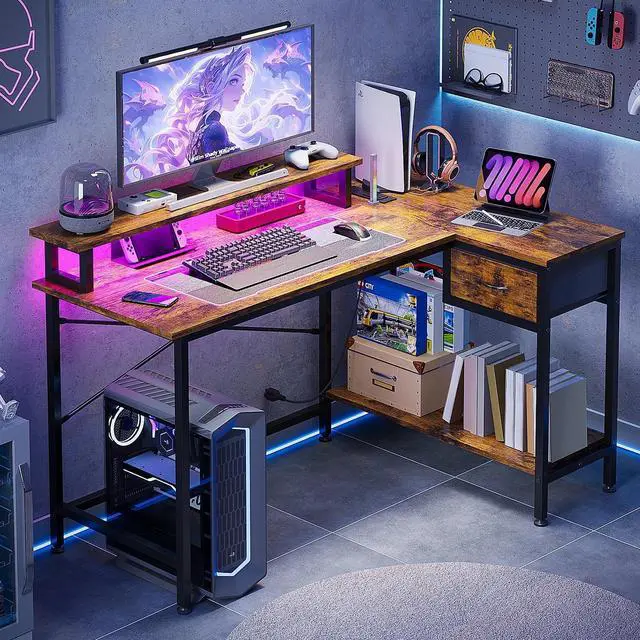 Main image of L Shaped Gaming Desk with Power Outlets and LED Lights, 43 Inch Computer Desk with Charging Port (Rustic Brown)