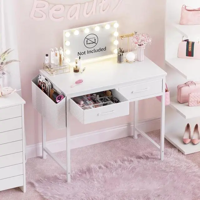 Main image of White Small Desk with Fabric Drawers - 32 Inch Vanity Desk with Storage Drawer and Bag for Bedroom, Study Writing Table for Small Spaces, White