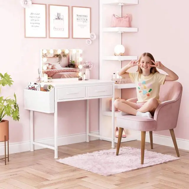 Alt view image 3 of 7 - White Small Desk with Fabric Drawers - 32 Inch Vanity Desk with Storage Drawer and Bag for Bedroom, Study Writing Table for Small Spaces, White