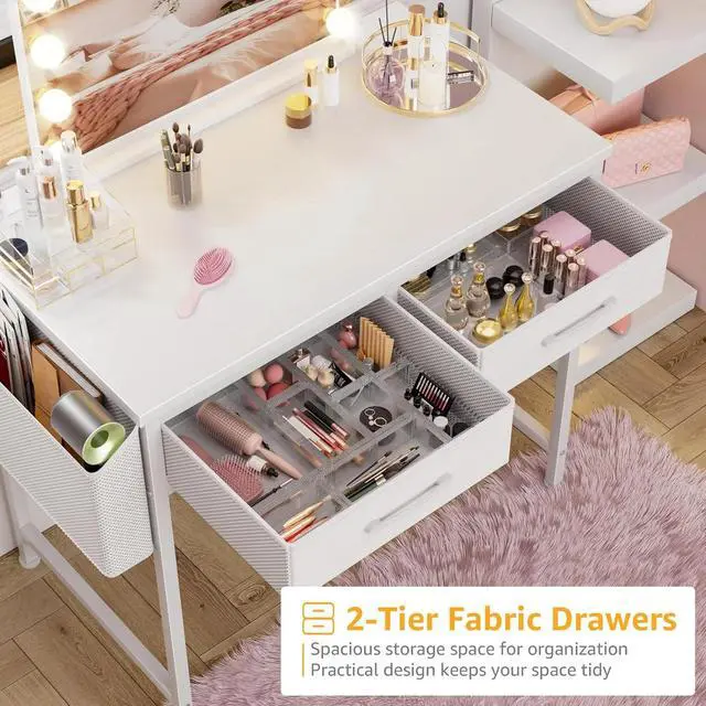 Alt view image 4 of 7 - White Small Desk with Fabric Drawers - 32 Inch Vanity Desk with Storage Drawer and Bag for Bedroom, Study Writing Table for Small Spaces, White