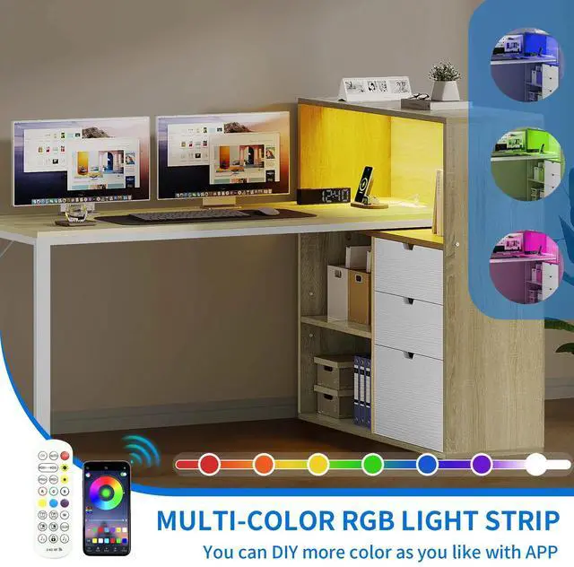 Alt view image 3 of 7 - Dextrus L Shaped Desk with Power Outlets & LED Lights, Computer Desk with 3 Drawers and 3 Storage Shelves, White Office Desk Corner Desk for Home Office, White& Oak