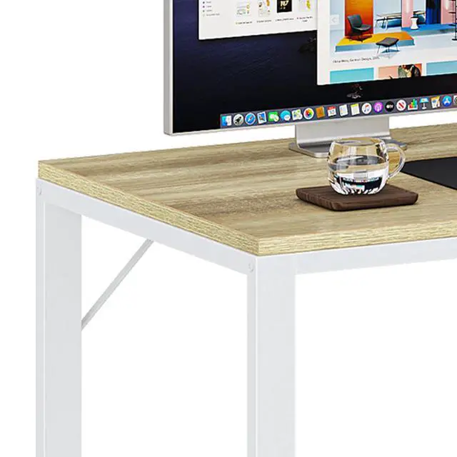 Alt view image 5 of 7 - Dextrus L Shaped Desk with Power Outlets & LED Lights, Computer Desk with 3 Drawers and 3 Storage Shelves, White Office Desk Corner Desk for Home Office, White& Oak