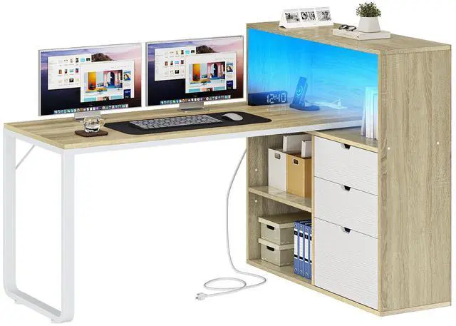 Alt view image 4 of 7 - Dextrus L Shaped Desk with Power Outlets & LED Lights, Computer Desk with 3 Drawers and 3 Storage Shelves, White Office Desk Corner Desk for Home Office, White& Oak