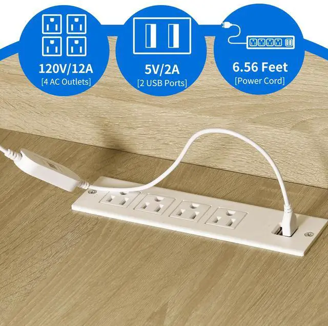 Alt view image 7 of 7 - Dextrus L Shaped Desk with Power Outlets & LED Lights, Computer Desk with 3 Drawers and 3 Storage Shelves, White Office Desk Corner Desk for Home Office, White& Oak