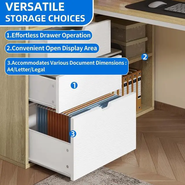 Alt view image 6 of 7 - Dextrus L Shaped Desk with Power Outlets & LED Lights, Computer Desk with 3 Drawers and 3 Storage Shelves, White Office Desk Corner Desk for Home Office, White& Oak