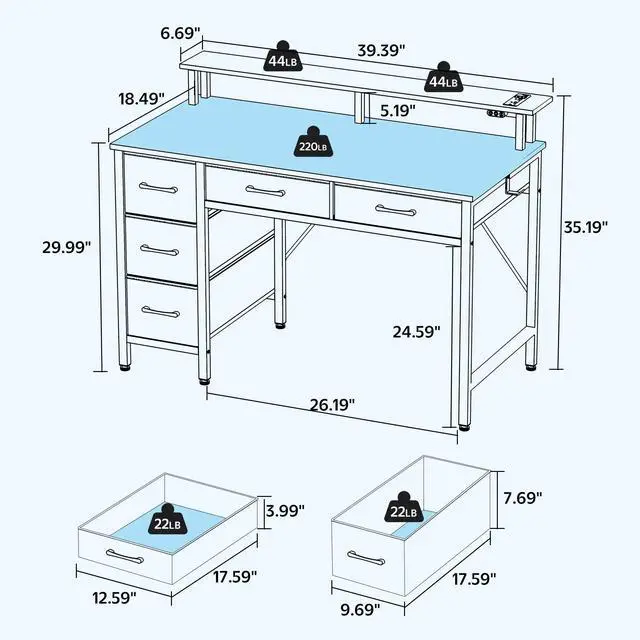 Alt view image 2 of 7 - 39" Gaming Computer Desk with LED Lights & Outlets,Home Office Table with Storage Drawer, White