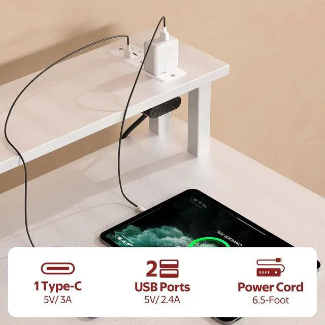 Alt view image 7 of 7 - 39" Gaming Computer Desk with LED Lights & Outlets,Home Office Table with Storage Drawer, White