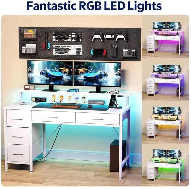 Alt view image 3 of 7 - 39" Gaming Computer Desk with LED Lights & Outlets,Home Office Table with Storage Drawer, White