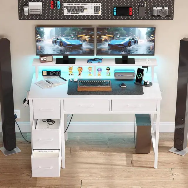 Main image of 39" Gaming Computer Desk with LED Lights & Outlets,Home Office Table with Storage Drawer, White