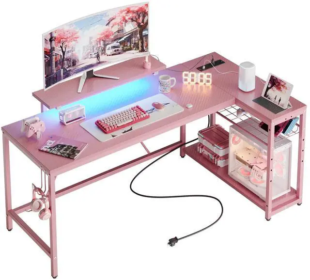 Alt view image 6 of 7 - 58" Computer Desk with LED Lights L Shaped Corner Desk with Power Outlet & Monitor Stand for Bedroom in Pink