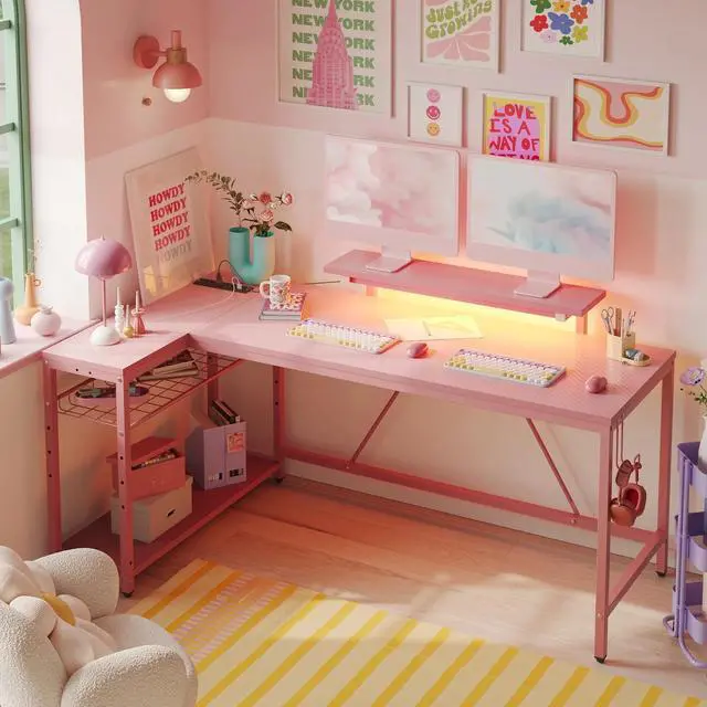 Alt view image 4 of 7 - 58" Computer Desk with LED Lights L Shaped Corner Desk with Power Outlet & Monitor Stand for Bedroom in Pink