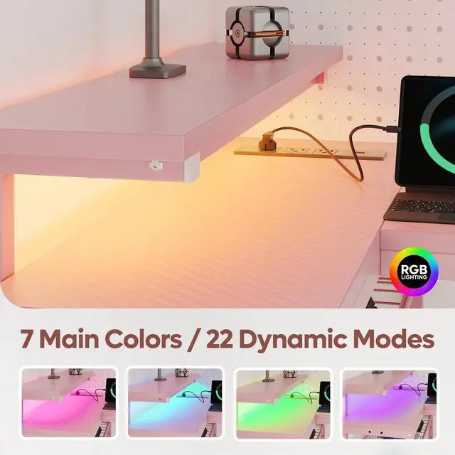 Alt view image 3 of 7 - 58" Computer Desk with LED Lights L Shaped Corner Desk with Power Outlet & Monitor Stand for Bedroom in Pink