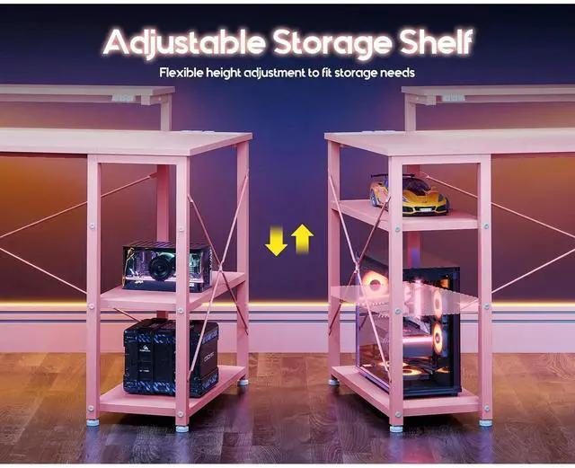 Alt view image 7 of 7 - Gaming Desk with Led Lights & Power Outlet, 40 Inch Small Computer Desk with Storage Shelves, Reversible Gamer Desk with Height Adjustable Monitor Stand & Headphone Hook, Pink