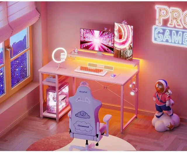 Alt view image 3 of 7 - Gaming Desk with Led Lights & Power Outlet, 40 Inch Small Computer Desk with Storage Shelves, Reversible Gamer Desk with Height Adjustable Monitor Stand & Headphone Hook, Pink
