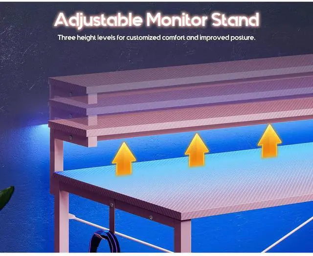 Alt view image 5 of 7 - Gaming Desk with Led Lights & Power Outlet, 40 Inch Small Computer Desk with Storage Shelves, Reversible Gamer Desk with Height Adjustable Monitor Stand & Headphone Hook, Pink