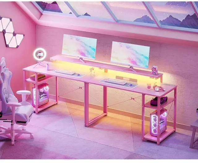 Alt view image 4 of 7 - Gaming Desk with Led Lights & Power Outlet, 40 Inch Small Computer Desk with Storage Shelves, Reversible Gamer Desk with Height Adjustable Monitor Stand & Headphone Hook, Pink