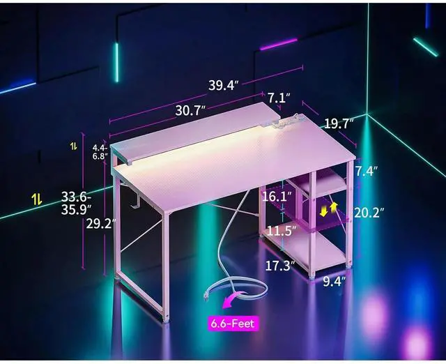 Alt view image 2 of 7 - Gaming Desk with Led Lights & Power Outlet, 40 Inch Small Computer Desk with Storage Shelves, Reversible Gamer Desk with Height Adjustable Monitor Stand & Headphone Hook, Pink