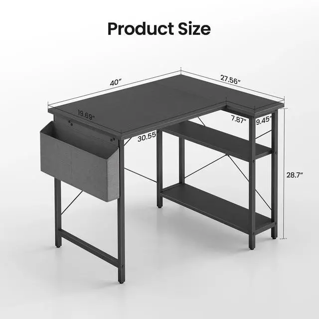 Alt view image 7 of 7 - 40 Inch L-Shaped Computer Desk with Storage Shelves Home Office Corner Desk Study Writing Table, Black