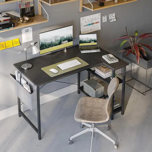 Alt view image 3 of 7 - 40 Inch L-Shaped Computer Desk with Storage Shelves Home Office Corner Desk Study Writing Table, Black