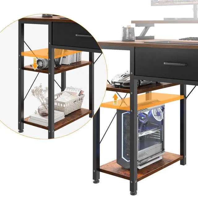 Alt view image 5 of 7 - Computer Desk with Drawers and Storage Shelves, 48 inch Home Office Desk with Monitor Stand, Work Study PC Desk for Small Spaces, Rustic Brown
