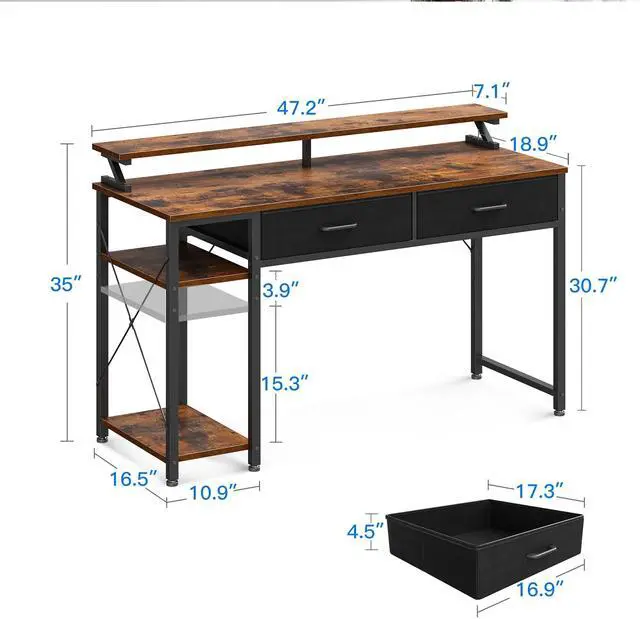 Alt view image 3 of 7 - Computer Desk with Drawers and Storage Shelves, 48 inch Home Office Desk with Monitor Stand, Work Study PC Desk for Small Spaces, Rustic Brown