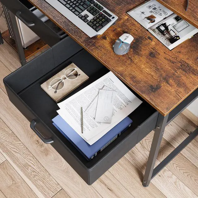 Alt view image 4 of 7 - Computer Desk with Drawers and Storage Shelves, 48 inch Home Office Desk with Monitor Stand, Work Study PC Desk for Small Spaces, Rustic Brown