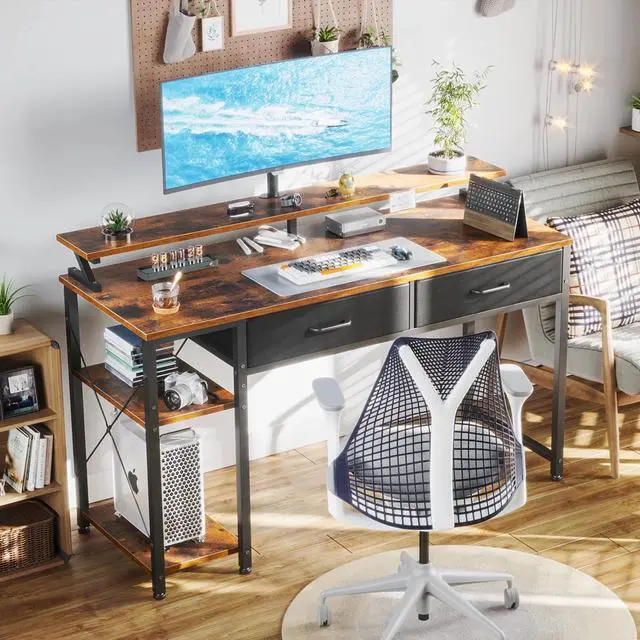 Alt view image 2 of 7 - Computer Desk with Drawers and Storage Shelves, 48 inch Home Office Desk with Monitor Stand, Work Study PC Desk for Small Spaces, Rustic Brown