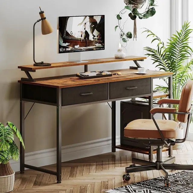 Alt view image 6 of 7 - Computer Desk with Drawers and Storage Shelves, 48 inch Home Office Desk with Monitor Stand, Work Study PC Desk for Small Spaces, Rustic Brown