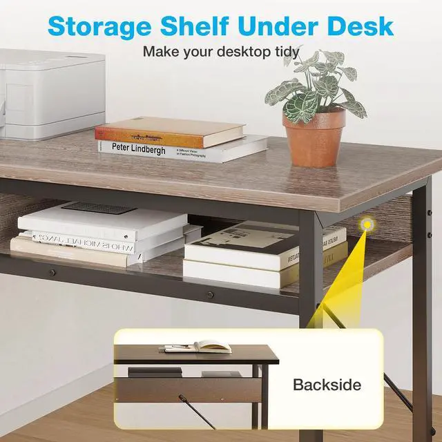 Alt view image 2 of 7 - 55 inch L Shaped Computer Desk with Drawers, Corner Desk with Power Outlets & Reversible Storage Shelves, Simple Computer Desk for Home Office Gaming, Oak Grey