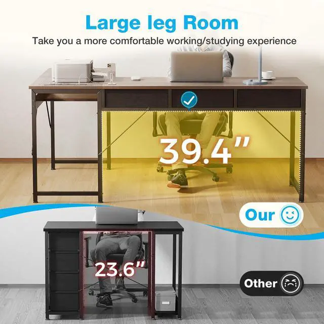 Alt view image 7 of 7 - 55 inch L Shaped Computer Desk with Drawers, Corner Desk with Power Outlets & Reversible Storage Shelves, Simple Computer Desk for Home Office Gaming, Oak Grey
