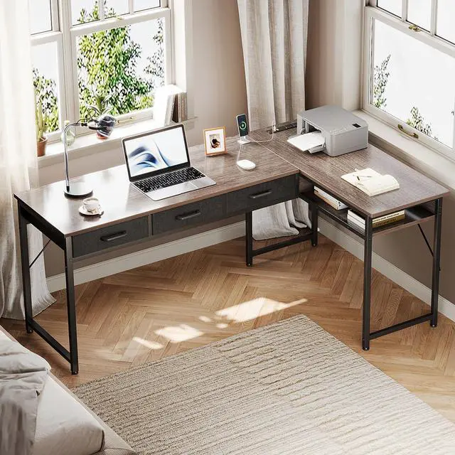 Alt view image 5 of 7 - 55 inch L Shaped Computer Desk with Drawers, Corner Desk with Power Outlets & Reversible Storage Shelves, Simple Computer Desk for Home Office Gaming, Oak Grey