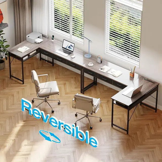 Alt view image 4 of 7 - 55 inch L Shaped Computer Desk with Drawers, Corner Desk with Power Outlets & Reversible Storage Shelves, Simple Computer Desk for Home Office Gaming, Oak Grey