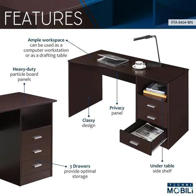 Alt view image 4 of 7 - Classy 3-Drawer Computer Desk, Espresso