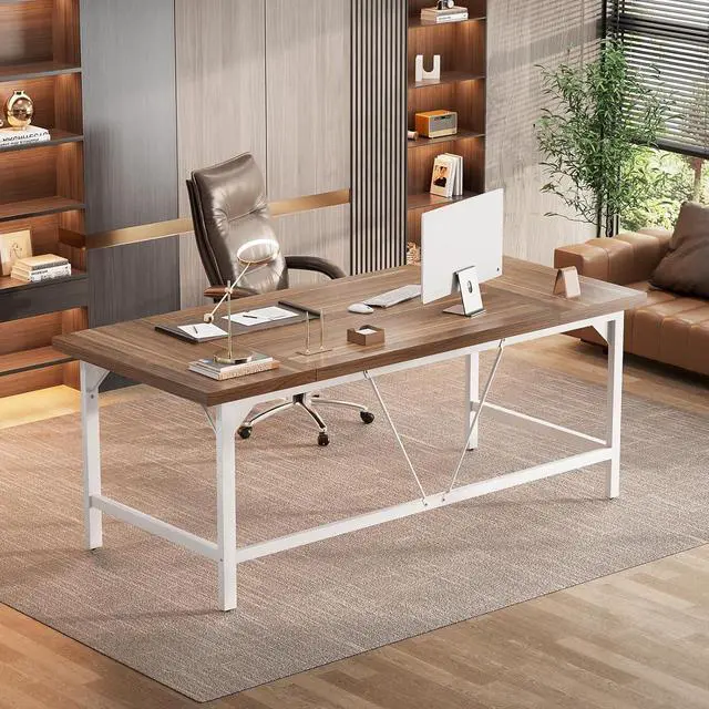 Alt view image 4 of 7 - Large Desk, 70.8 x 31.5 Inch Extra Long Executive Computer Desk, Heavy Duty 2 Person Desk, Premium Super Thick Study Writing Table Computer Table, Rustic