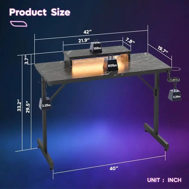 Alt view image 7 of 7 - 42" LED Gaming Desk PC Computer Office Gamer Table Desk with Monitor Stand in Black Marble