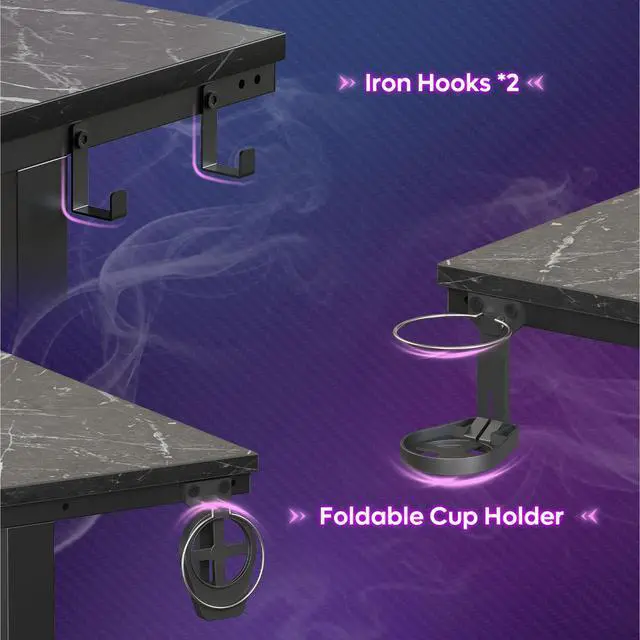 Alt view image 3 of 7 - 42" LED Gaming Desk PC Computer Office Gamer Table Desk with Monitor Stand in Black Marble