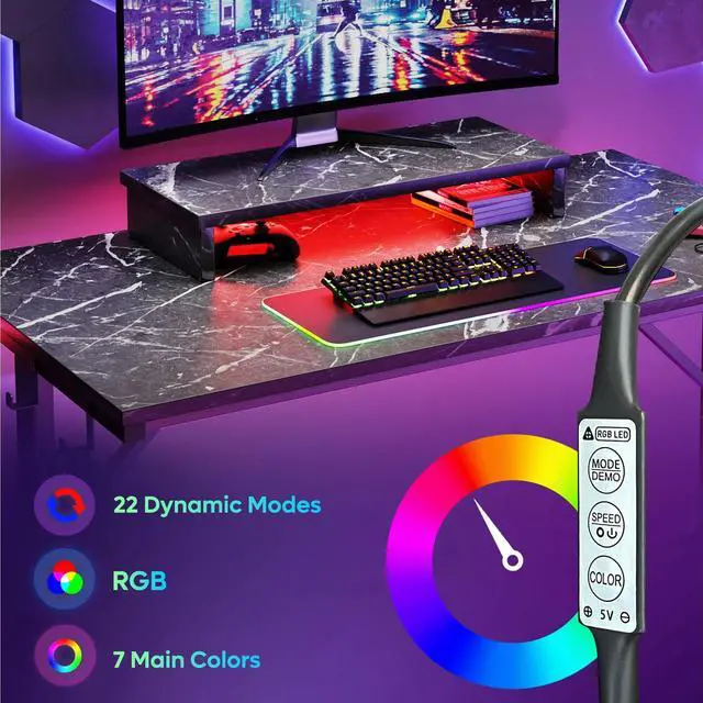 Alt view image 2 of 7 - 42" LED Gaming Desk PC Computer Office Gamer Table Desk with Monitor Stand in Black Marble