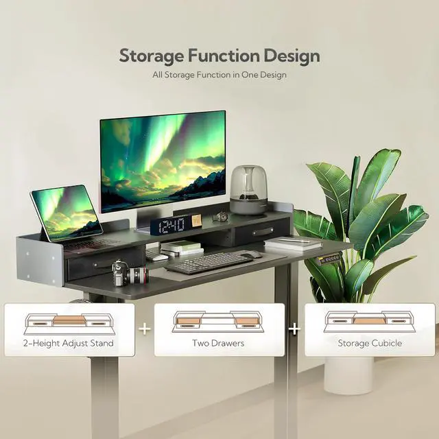 Alt view image 7 of 7 - 55" Adjustable Standing Desk with 2 Storage Drawers, Height Adjust Mobile Stand up and Down Desk,Electric Sit-Stand Large Work Desk with 4 Wheels Rising Computer Table for Office Home,Black