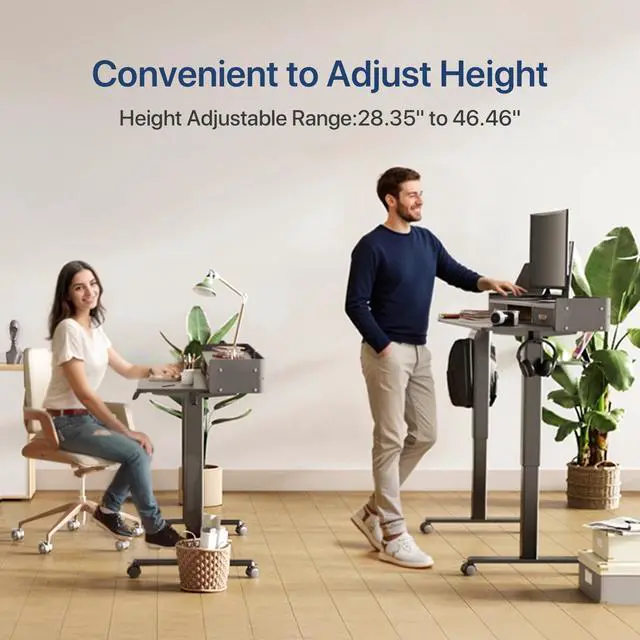 Alt view image 5 of 7 - 55" Adjustable Standing Desk with 2 Storage Drawers, Height Adjust Mobile Stand up and Down Desk,Electric Sit-Stand Large Work Desk with 4 Wheels Rising Computer Table for Office Home,Black