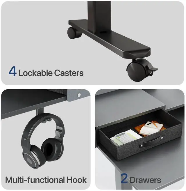 Alt view image 2 of 7 - 55" Adjustable Standing Desk with 2 Storage Drawers, Height Adjust Mobile Stand up and Down Desk,Electric Sit-Stand Large Work Desk with 4 Wheels Rising Computer Table for Office Home,Black