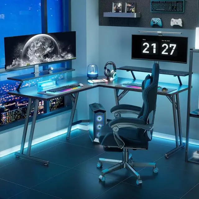 Alt view image 2 of 7 - 51 inch L Shaped Gaming Desk with Monitor Stand and LED Lights, Corner Computer Desk, PC Gaming Table