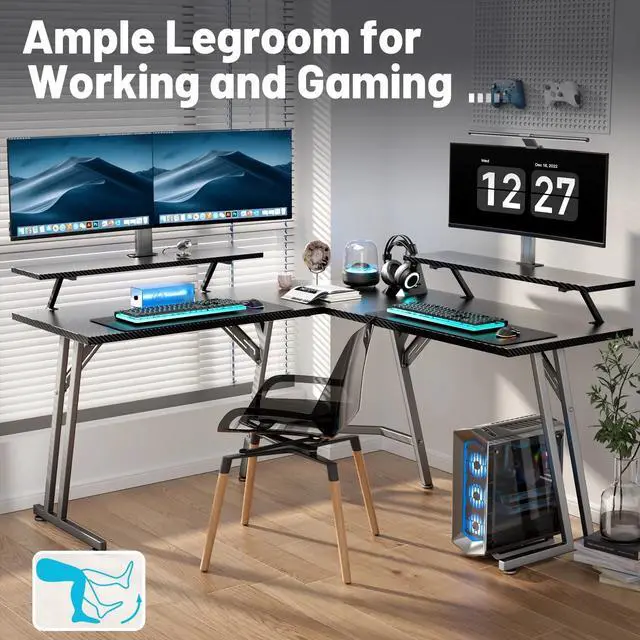 Alt view image 6 of 7 - 51 inch L Shaped Gaming Desk with Monitor Stand and LED Lights, Corner Computer Desk, PC Gaming Table