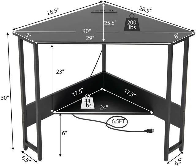 Alt view image 5 of 7 - Triangle Computer Desk Corner Desk Home Office w/Power Outlets USB Ports Black