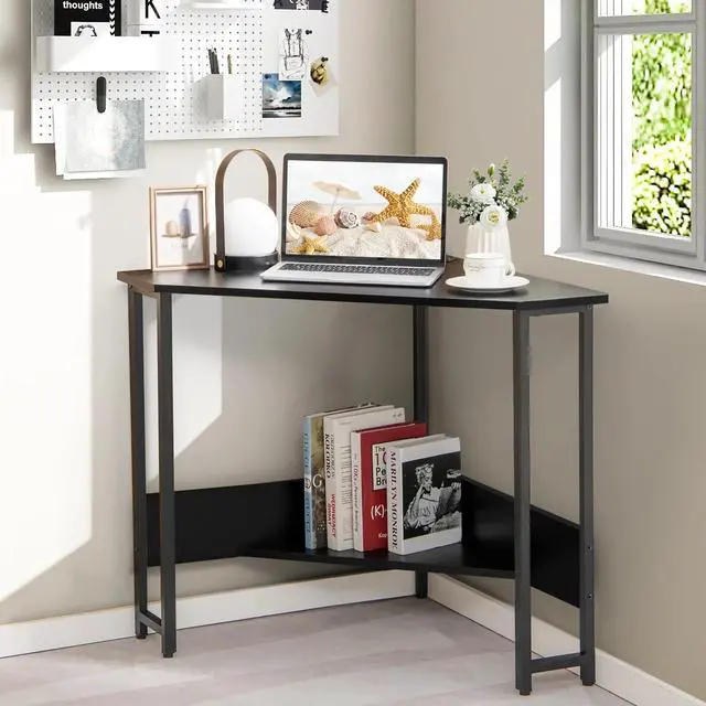 Alt view image 4 of 7 - Triangle Computer Desk Corner Desk Home Office w/Power Outlets USB Ports Black