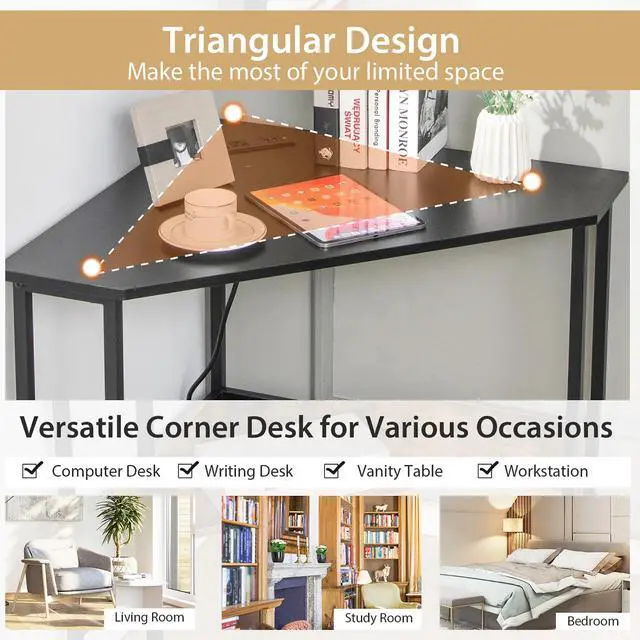 Alt view image 6 of 7 - Triangle Computer Desk Corner Desk Home Office w/Power Outlets USB Ports Black
