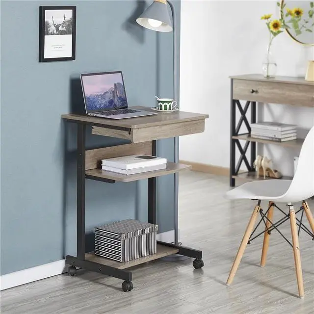 Alt view image 2 of 7 - Rolling Laptop Computer Desk Table Tray Desk with Drawers and Printer Shelf on Wheels, Gray