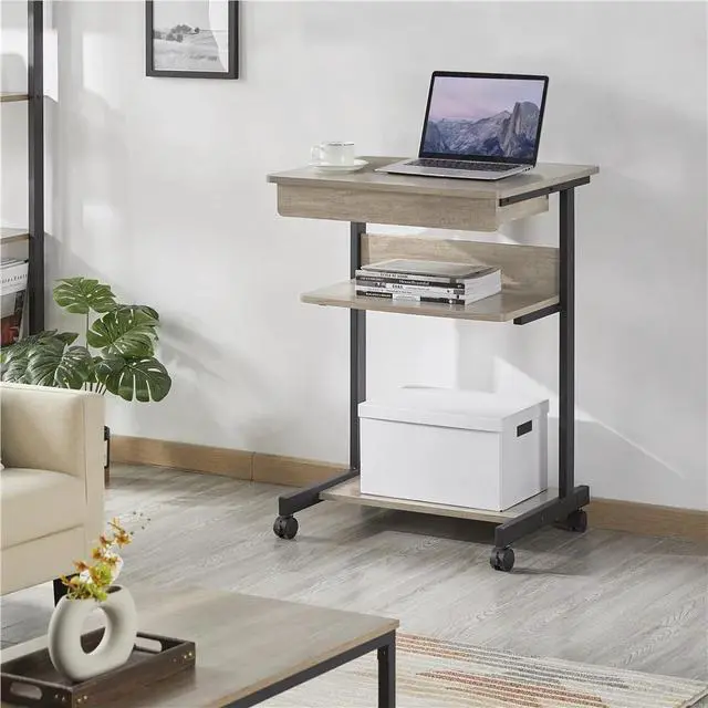 Alt view image 4 of 7 - Rolling Laptop Computer Desk Table Tray Desk with Drawers and Printer Shelf on Wheels, Gray