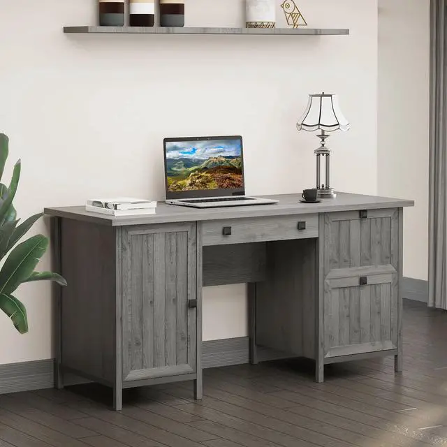 Alt view image 2 of 7 - Vintage Executive Computer Desk, Home Office Work station, Student Table with Cabinet & 3 Drawers