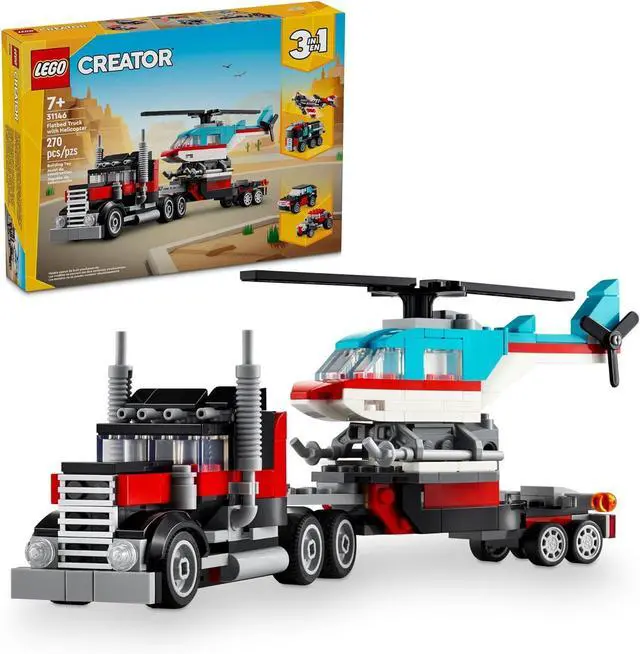 Main image of Creator 3 in 1 Flatbed Truck with Helicopter Toy, Transforms from Flatbed Truck Toy to Propeller Plane to Hot Rod and SUV Car Toys, Gift Idea for Boys and Girls Ages 7 Years Old and Up, 31146